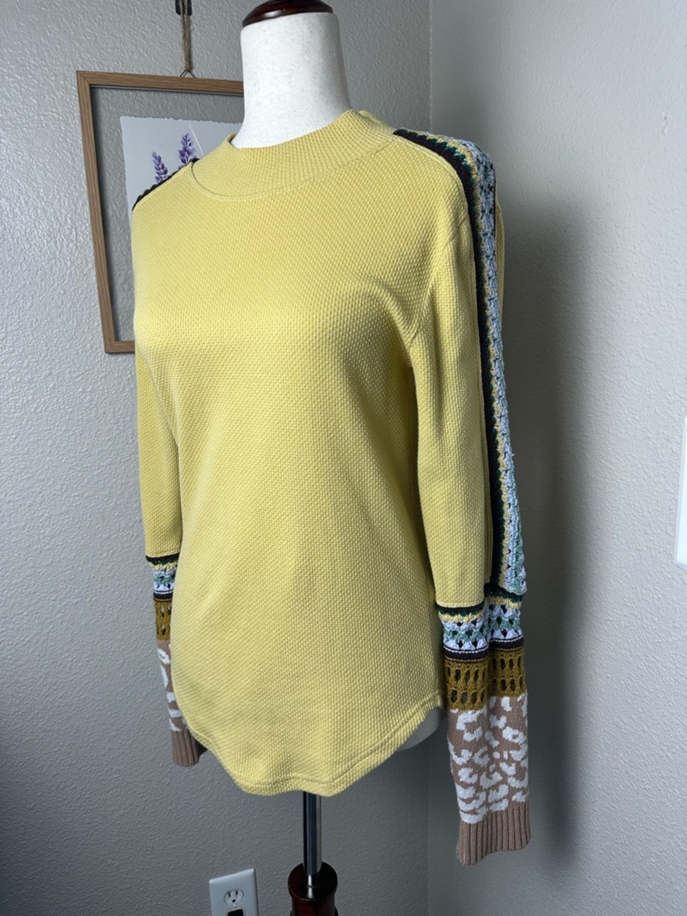 Free People Switch It Up Top Womens M Yellow Thermal Knit Crochet Sleeve Boho - Picture 3 of 7